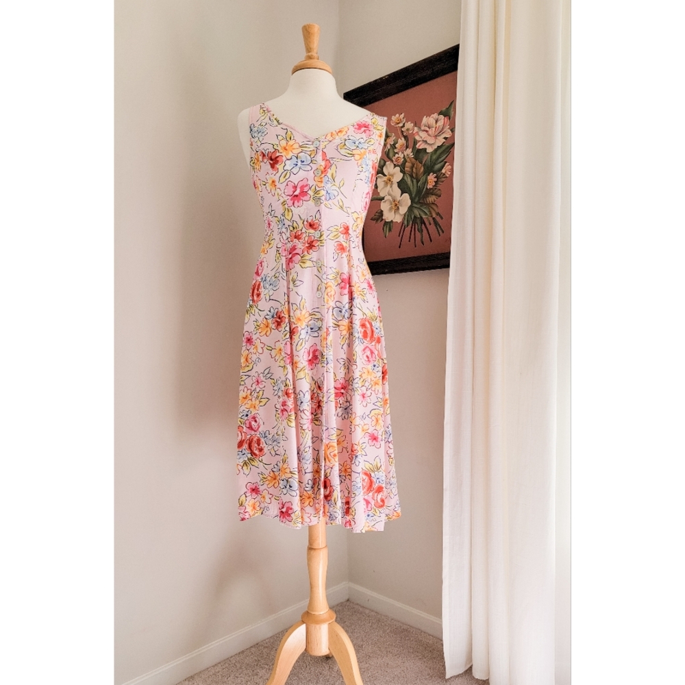 90s Pink Floral Button Front 1990s Vintage Fit & Flare Flowy Midi Length Dress - Picture 15 of 15